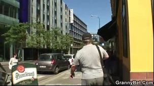 Moaning granny rides young meat